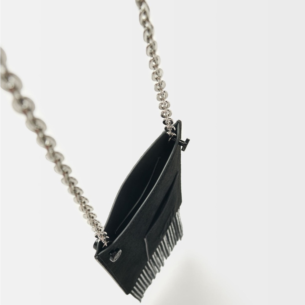 Maje Black Leather Fringe Chain Strap Phone Bag - Picture 3 of 5